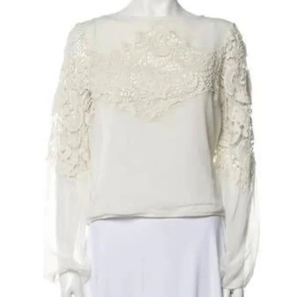 Alice + Olivia White Alice + Olivia Lace Pattern Bateau Neckline Blouse.…